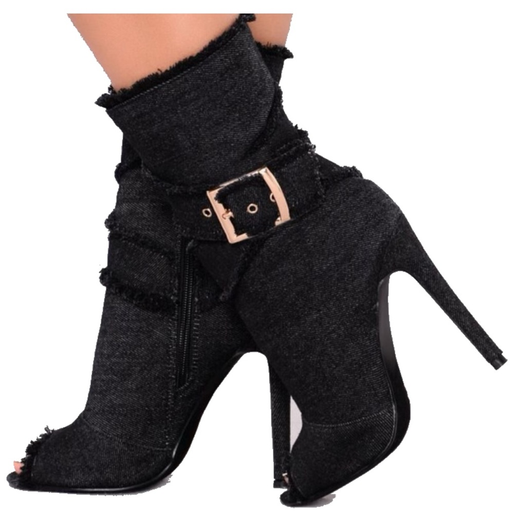 Fashion Nova Black Distressed Heeled Boots
